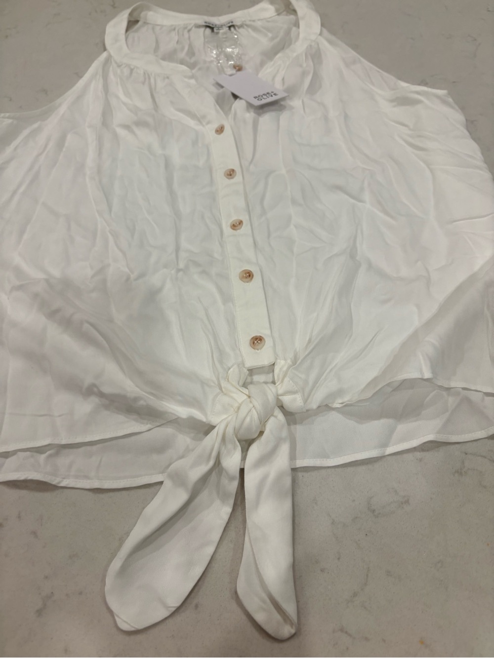 Rose & Olive White Tie-Front Sleeveless Button Top